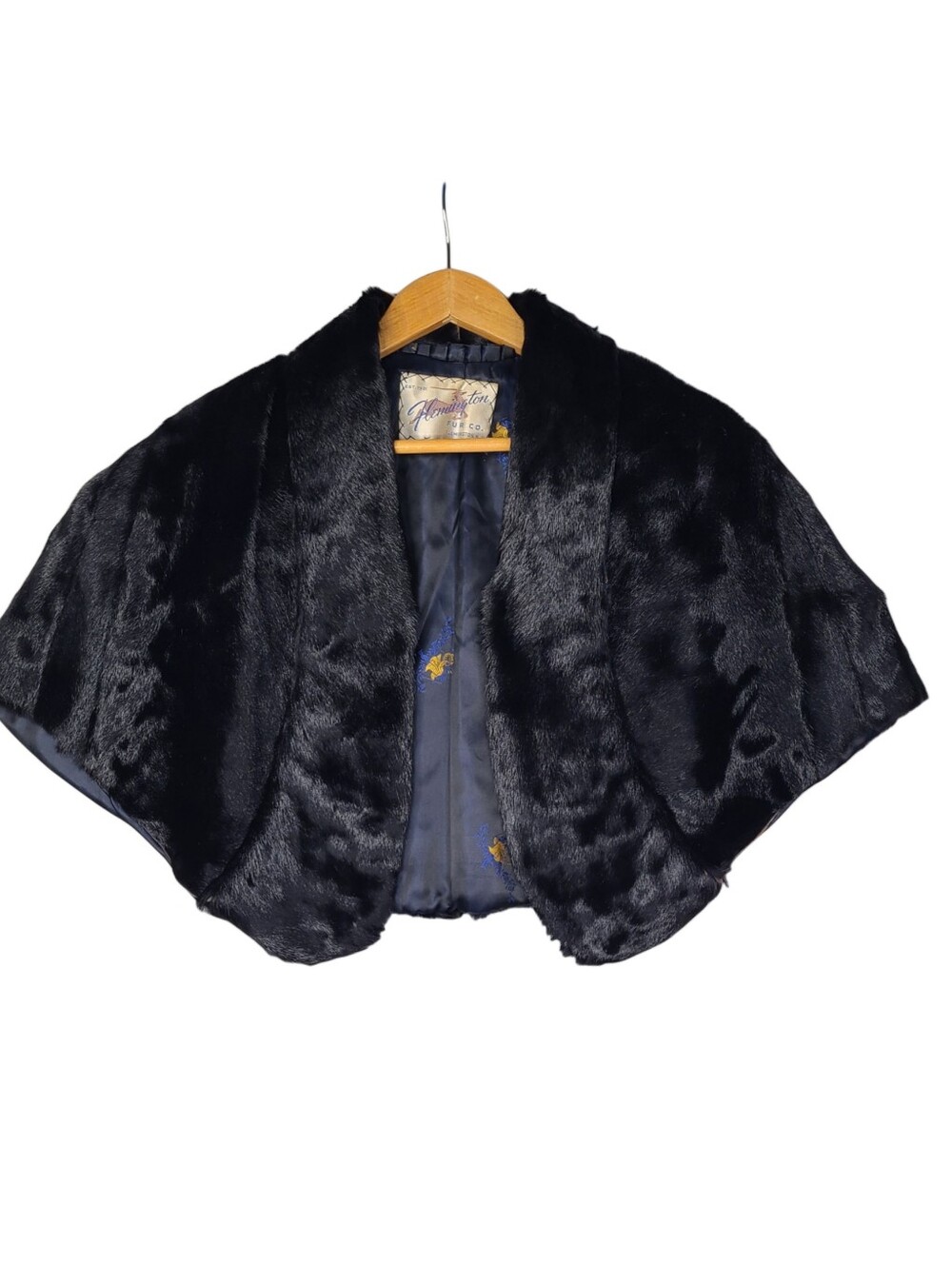 Vtg 50s Flemington Fur Co. Black Stole Wrap Shawl Jacket Pockets OS Satin Lining